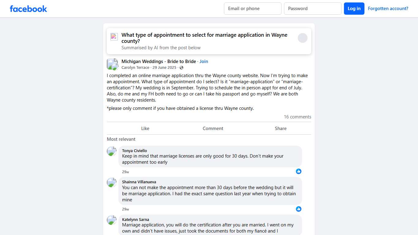 Michigan Weddings - Bride to Bride I completed an online marriage application thru the Wayne county website Facebook